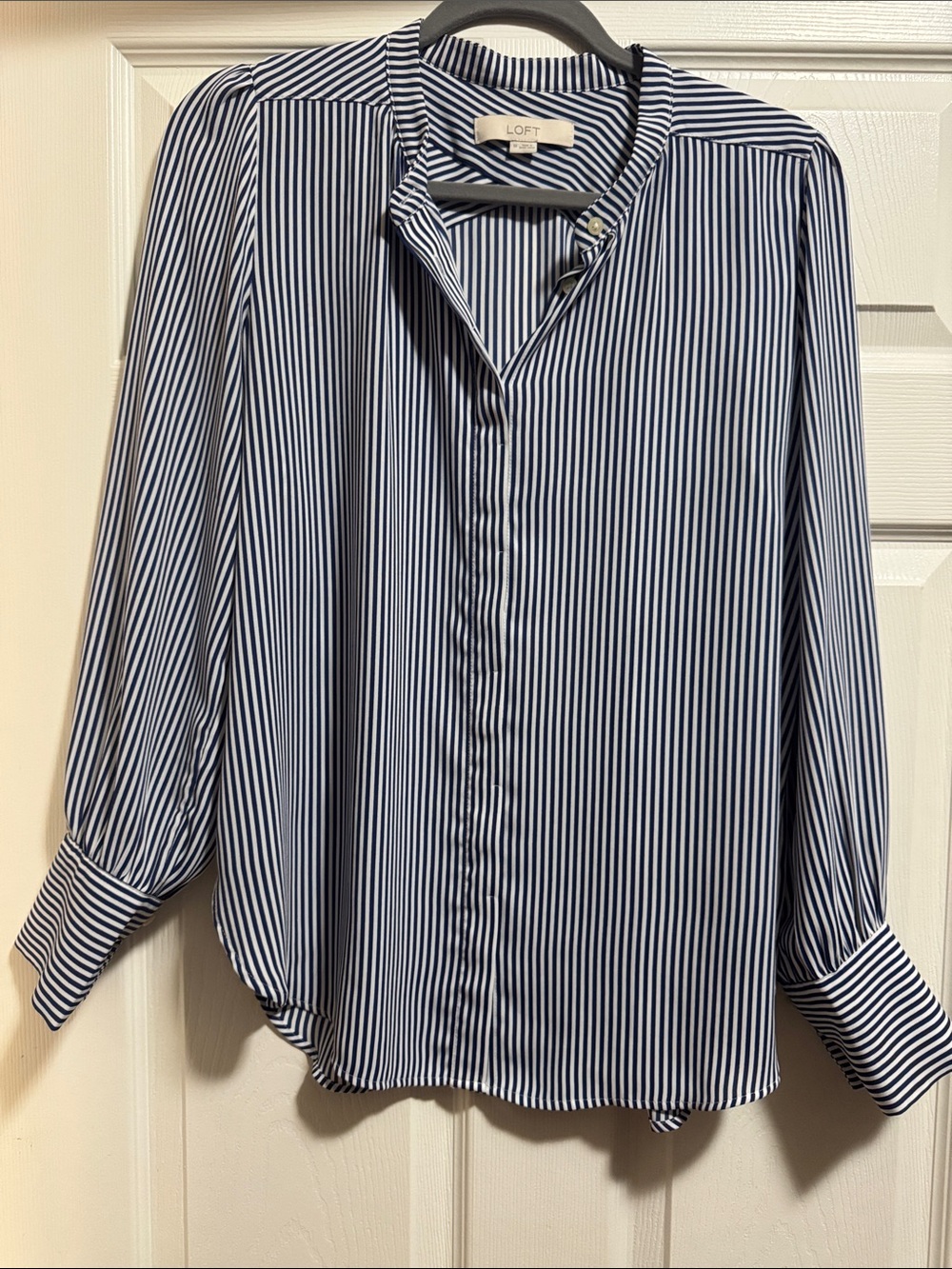 LOFT Navy and White Vertical Stripe Button-Front Shirt